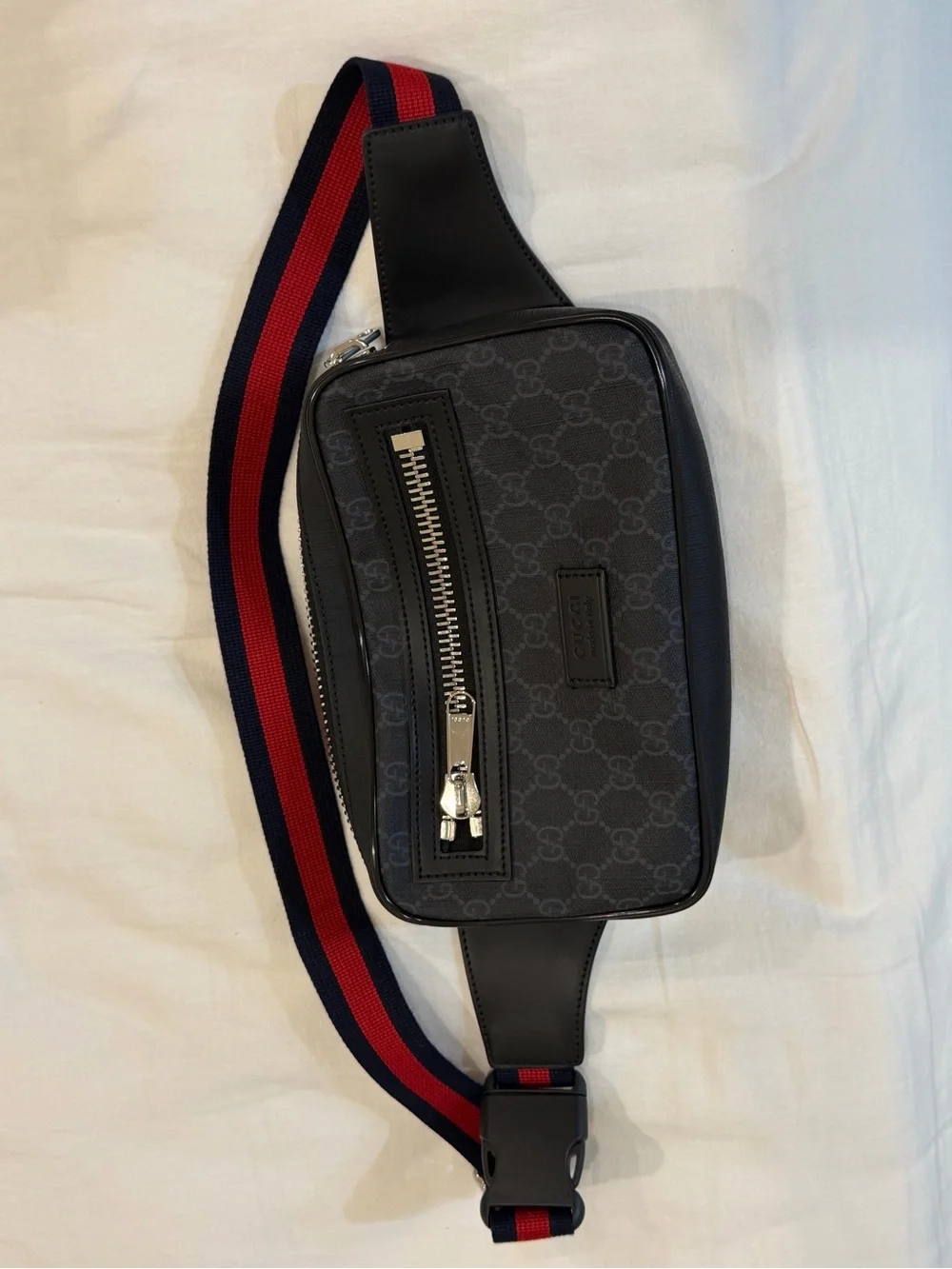 Gucci Black GG Supreme Belt Bag with Red and Navy Web Strap